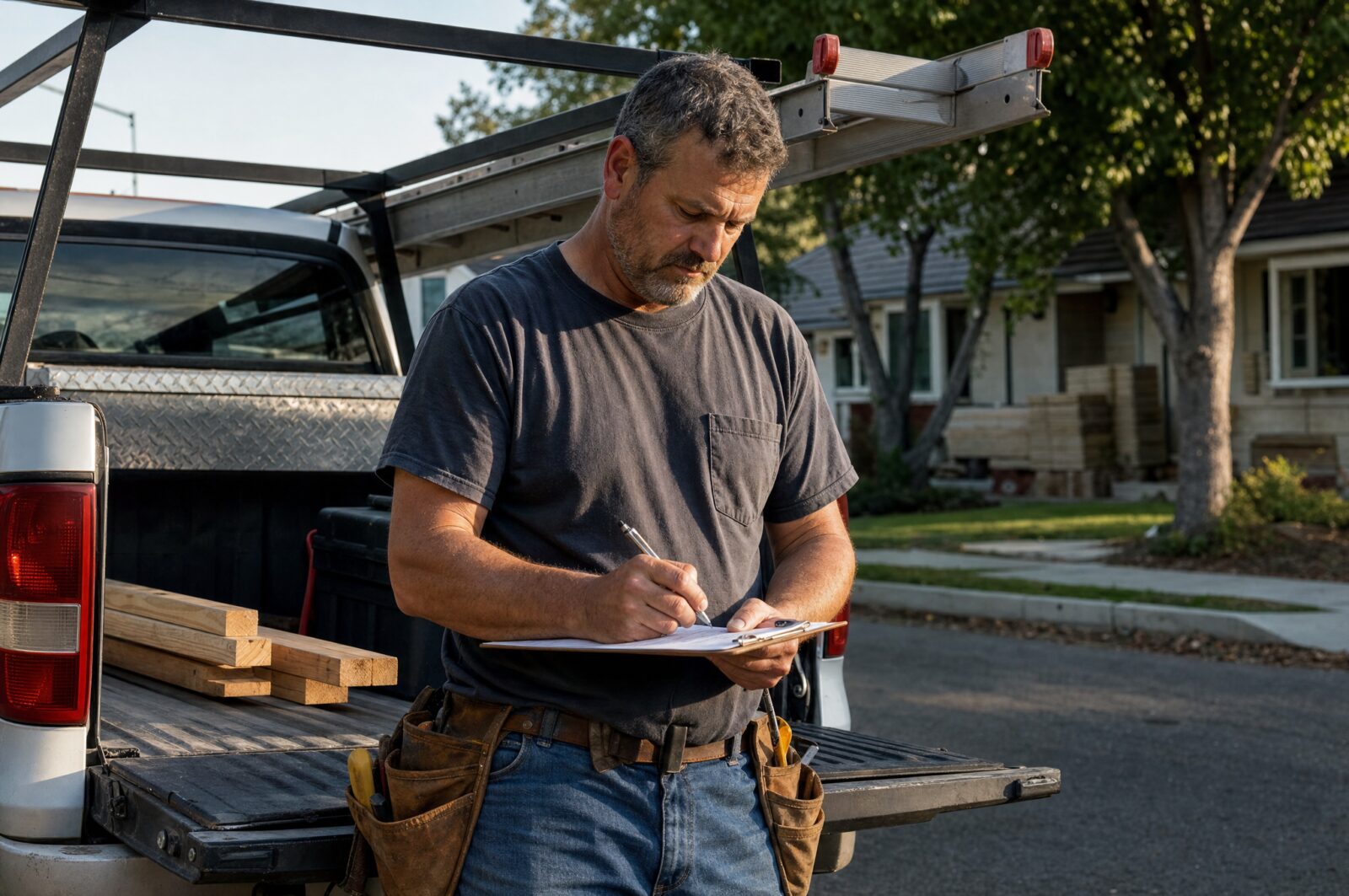 A remodeling contractor writing notes on a clipboard at the tailgate of his work truck