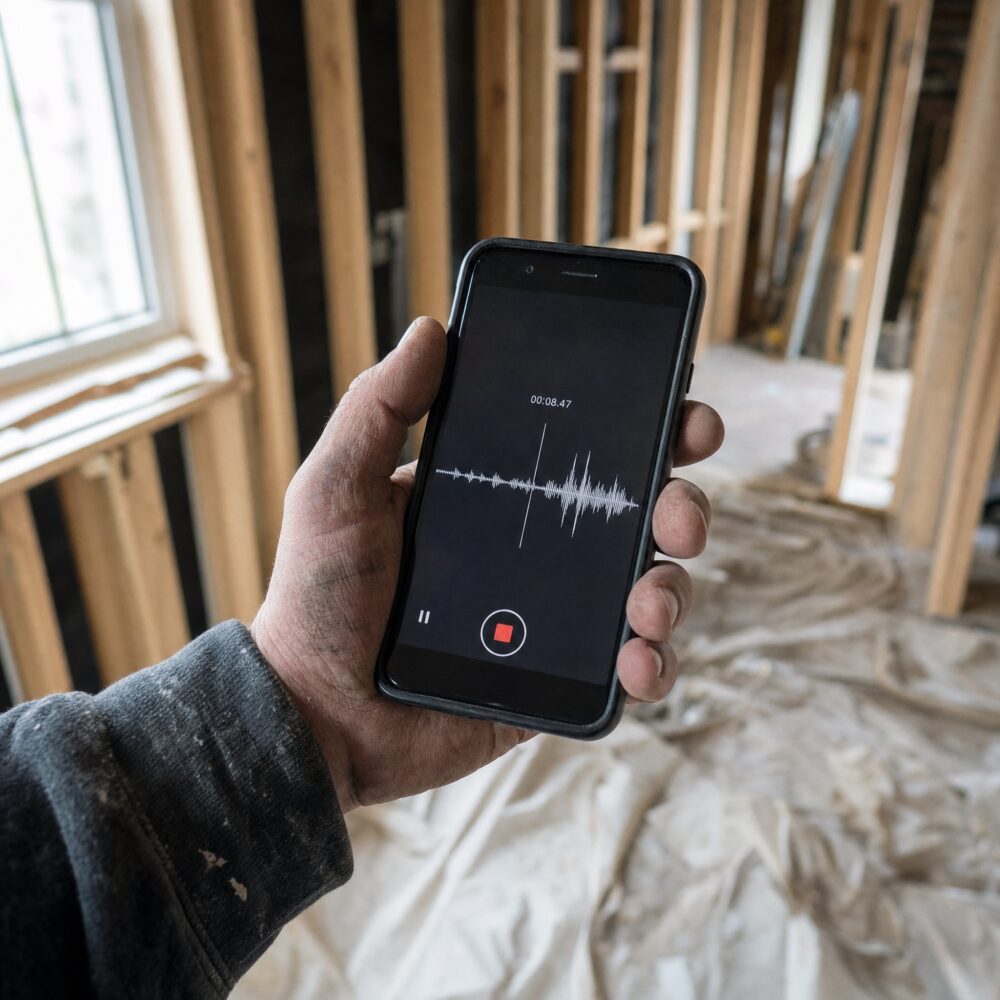 A contractor holding a phone recording a voice memo inside a house under renovation